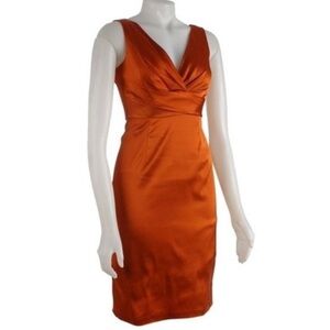Donna Ricco Copper-Orange Satin V-Neck Midi Dress